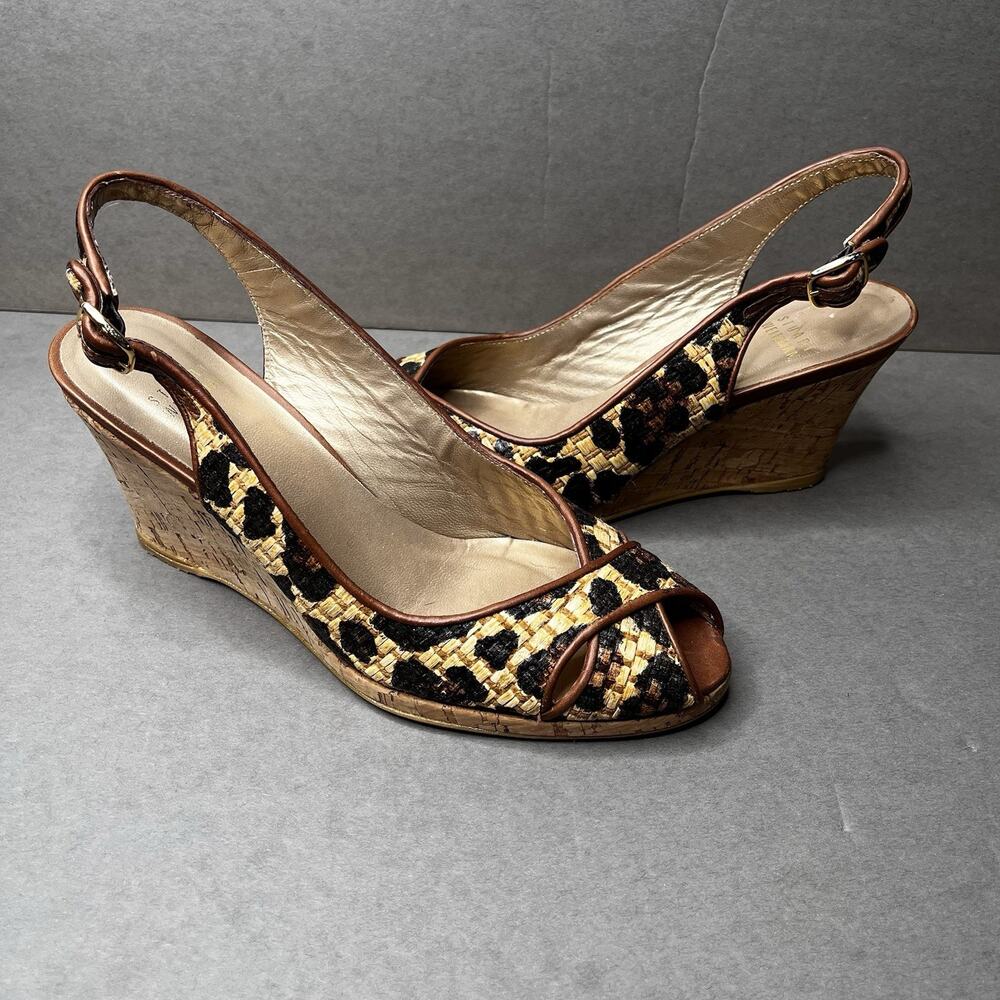 STUART WEITZMAN Leopard Wedges Women Sz 8.5N Sling Back Tan Black Peep Toe Heels